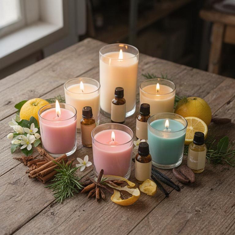 Frascos de esencias y velas aromáticas artesanales dispuestos sobre una mesa de madera en Adra