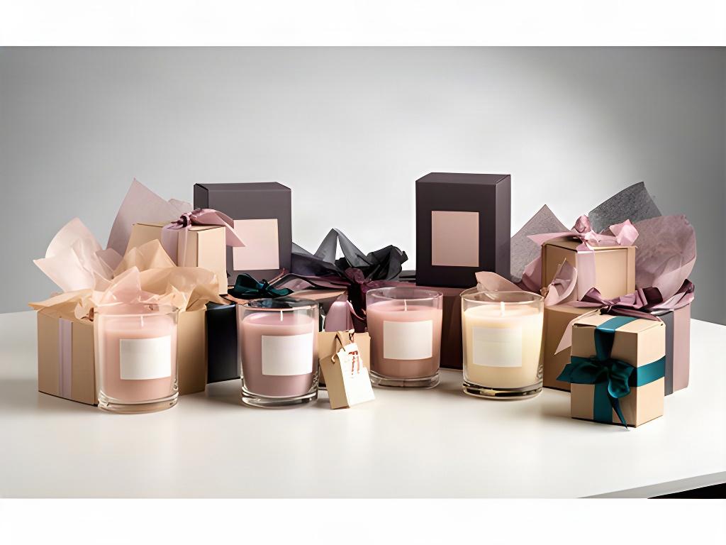 Regalos corporativos con velas aromáticas personalizadas y etiquetas en una mesa de empresa